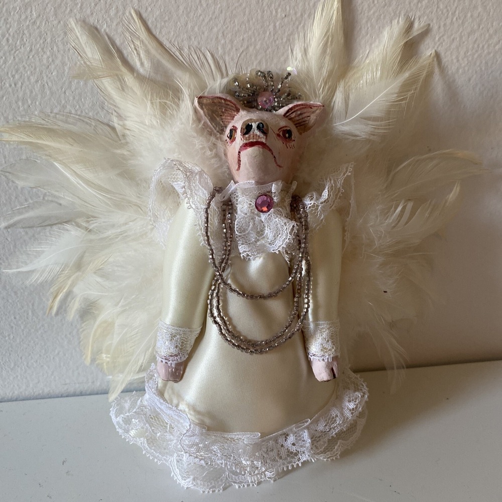 Vintage Fairy Pig Angel Feathers Ornament Signed By Artist Anthropomorphic